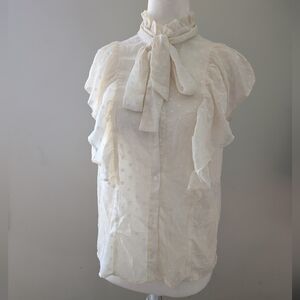 SHEIN Cream Flutter Sleeve Blouse with Ruffled Tie Front